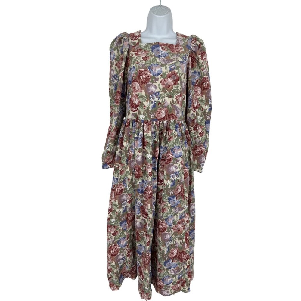 Laura Ashley Vintage Corduroy Floral Square Neckline Puff‎ Sleeves Dress Sz 6